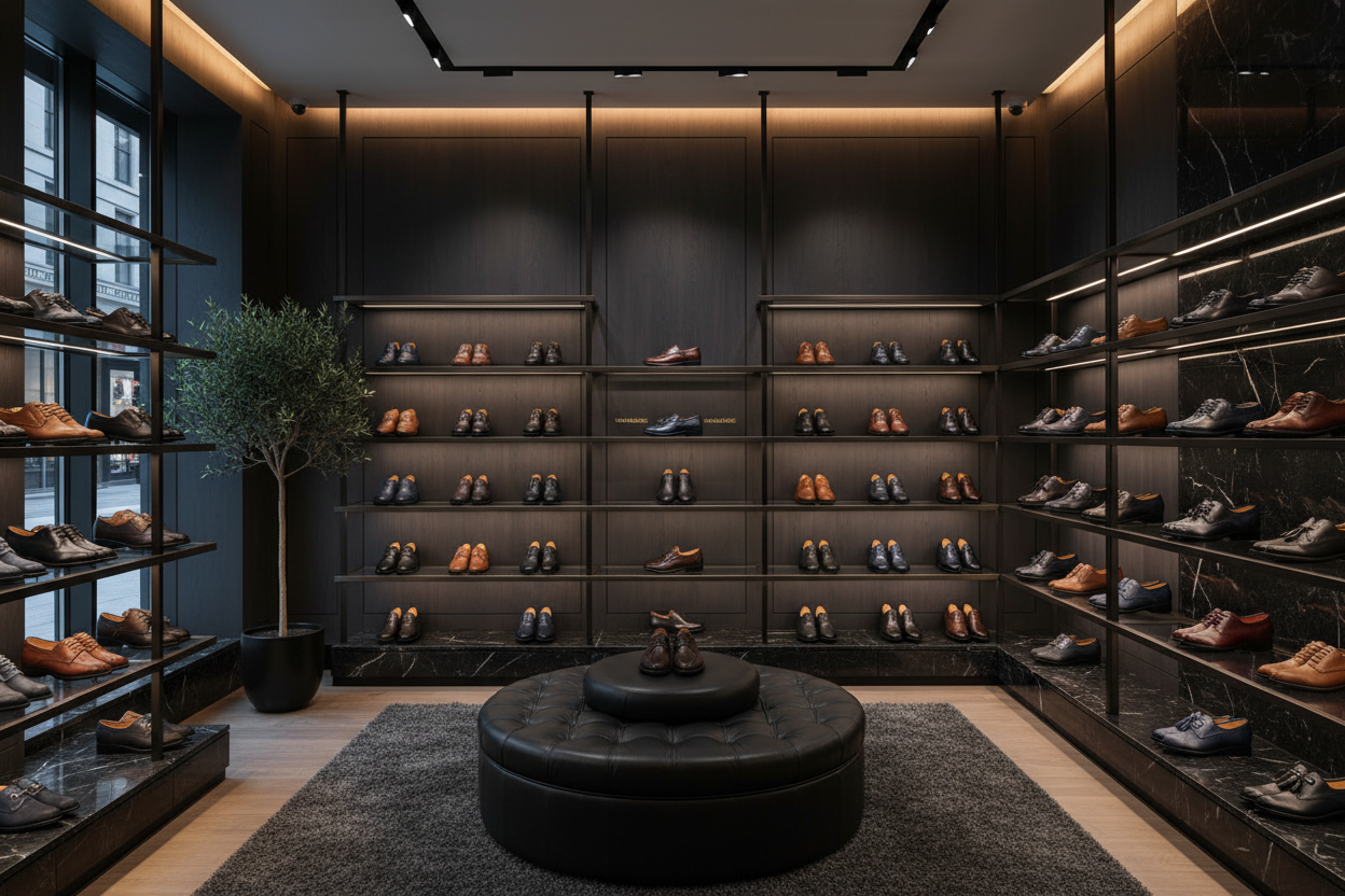 “A real leather shoes boutique with a modern luxury look. Soft warm lighting, black-toned interior, and clean glass shelves. Display the most popular handmade leather shoe styles—oxfords, brogues, loafers, derbies, and wholecuts—arranged neatly to highlight craftsmanship and premium quality. The environment should look natural, elegant, and visually appealing, with a balanced brightness—not too dark.”